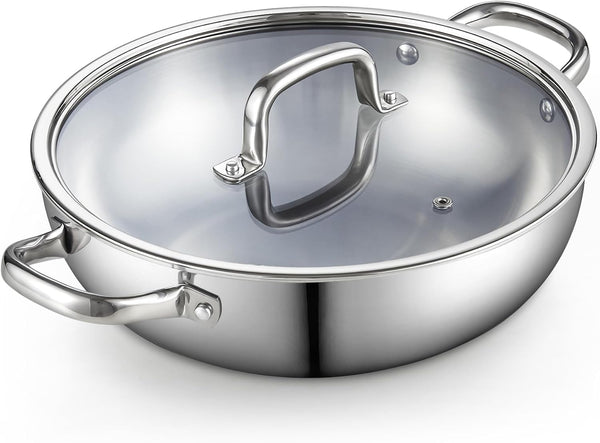 Tri-Ply Clad 12-Inch Stainless Steel Wok Pan with Lid, Flat Bottom Wok Stir Fry Pan, Dishwasher and Oven-Safe, Compatible with All Cooktops1