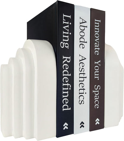 Book Ends for Heavy Books, Resin Decorative Bookends, Heavy Duty Book End for Shelves, Book Stopper for Shelves, Modern Home Decor Aesthetic Book Ends, Layered Arch Design Set of 2(Cream White)1
