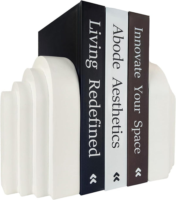 Book Ends for Heavy Books, Resin Decorative Bookends, Heavy Duty Book End for Shelves, Book Stopper for Shelves, Modern Home Decor Aesthetic Book Ends, Layered Arch Design Set of 2(Cream White)1