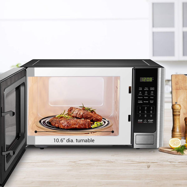 BLACK+DECKER Countertop Microwave Oven, 0.9 Cu.Ft, 900W, Stainless Steel | 10 Power Levels, Push-Button Door, Child Safety Lock, Countertop, 6 Auto Cook Presets5