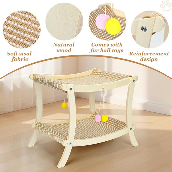 Indoor Cat Scratcher Bed, Double Layer Cat Hammock with Toy Ball, Wooden Sisal Cat Scratching Pad for Cats, Elevated Cat Lounge for Claw Grinding & Sleeping6