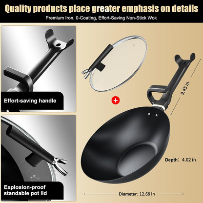 Carbon Steel Wok Pan, Non-Stick Sauté Pan Nitriding Process,13 Inch Woks & Stir-Fry Pans Nonstick with Ergonomic Handle, Cookware, Pots and Pans,Versatile Bottom Chinese Woks for All Stoves2