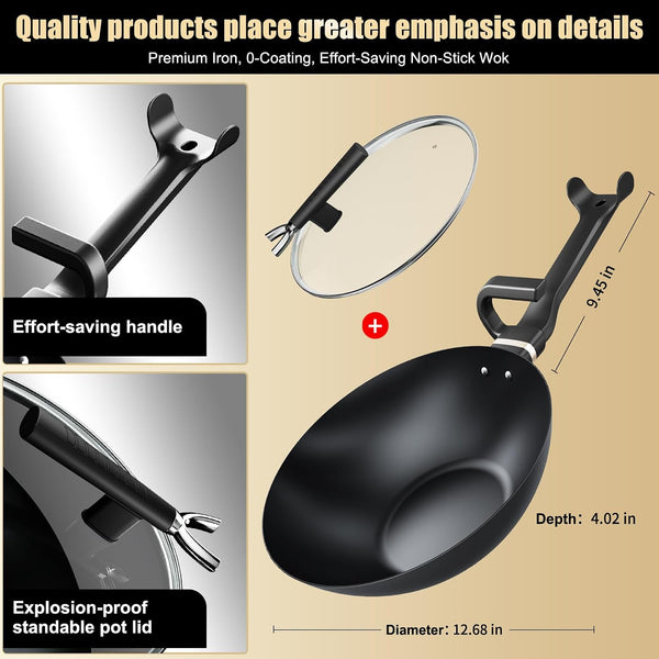 Carbon Steel Wok Pan, Non-Stick Sauté Pan Nitriding Process,13 Inch Woks & Stir-Fry Pans Nonstick with Ergonomic Handle, Cookware, Pots and Pans,Versatile Bottom Chinese Woks for All Stoves2