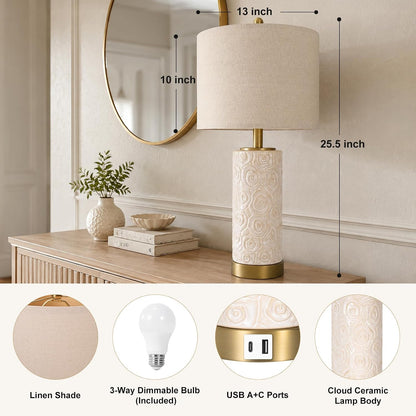 25.5" Boho Ceramic Table Lamps Set of 2 with 3-Way Dimmable Bulb | Modern Table Lamp with USB A+C Ports, Rotary Switch, Bedside Lamp with Linen Shade, for Bedroom Living Room (Bulb Included)2