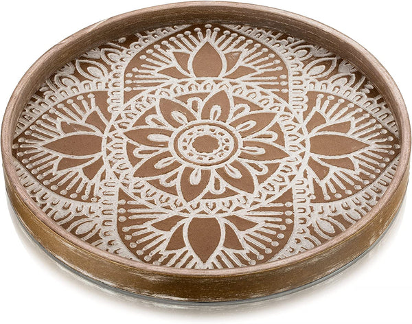 round Boho Decorative Tray for Coffee Table, Vintage Mandala Pattern | 11.8" Mid-Century Modern Farmhouse Decor for Living Room Kitchen Dining Table Centerpieces1