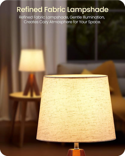 Tripod Table Lamp, 14.6 Inch Small Bedside Lamp with Beige Linen Shade, Modern Nightstand Lamp for Bedroom, Kids Room, Living Room, Nursery, Office, E26 Socket, Dark Wood Base, LE51TL053