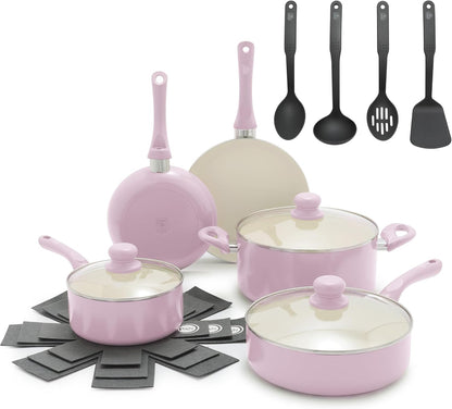 16Pc Ceramic Nonstick Pots & Pans Cookware Set, Blush Pink | Pfas-Free Nonstick Coating, Stockpot, Frying Pans, Saucepan, Sauté, Induction Ready, All Stovetop Compatible, Dishwasher Safe1