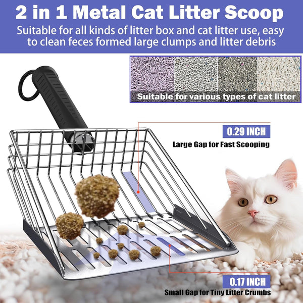 Cat Litter Scooper with Holder, Metal Litter Scoop Includes Portable Small Broom and Dustpan Set, Heavy Duty Stainless Steel Litter Scoop with Coarse and Fine Grid, Quick Sift and Easy Clean3