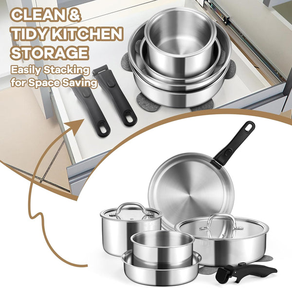 9Pcs Stainless Steel Cookware Set, 3-Ply Pots and Pans Set W/Detachable Handle & Lid, Induction Cookware Kitchen Cooking Set for RV Camping, Nontoxic Whole Clad Frying/Saute/Sauce Pan, Oven Safe8