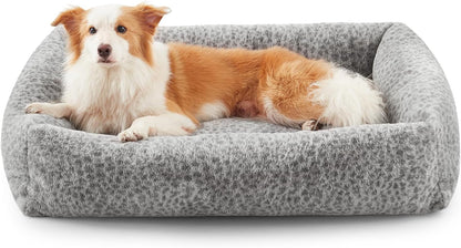 JOEJOY Dog Bed Medium Size Dog, Removable Washable Cover Orthopedic Soft Pet Bed, Anti-Slip Fluffy Plush Faux Rabbit Fur Puppy Bed, 30"X24"X8", Leopard Print, Grey1