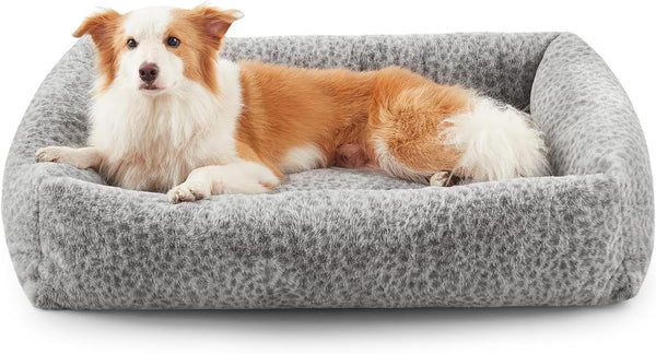 JOEJOY Dog Bed Medium Size Dog, Removable Washable Cover Orthopedic Soft Pet Bed, Anti-Slip Fluffy Plush Faux Rabbit Fur Puppy Bed, 30"X24"X8", Leopard Print, Grey1