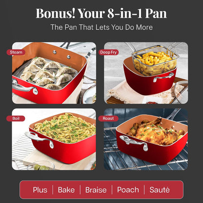 20 Pc Pots and Pans Set Nonstick Cookware + Bakeware Set, Complete Ceramic for Kitchen, Non Stick with Lids, Dishwasher / Oven Safe, Toxic - Red6