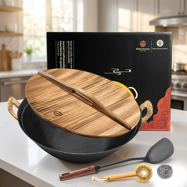 13.4 Inch Cast Iron Wok with Wooden Lid and Iron Spatula, Flat Bottom Double-Handle Chinese Stir Fry Pan, Uncoated Cast Iron Wok for Induction, Gas and Electric Stoves9