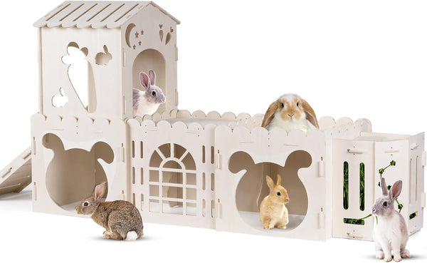 Large Rabbit House, Wooden Bunny Castle with 3 Houses Indoor, Rabbit Guinea Pig Cage Multistory Climbing Tower Sturdy Wooden Castle, Small Animal Hideaway Tunnel13