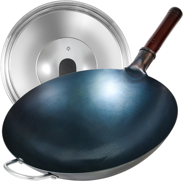 14 Inch Carbon Steel Wok with Lid, round Bottom Wok Pan, Blue Pre-Seasoned Chinese Stir Fry Pan for Open Flame Cooking, Large Traditional Pow Wok for BBQ, Grill, Camping, Home Cooking1