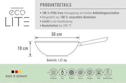 ECO LITE WOK 12" Made in Germany. Made from 100% Recycled Aluminum.Pfas-Free Diamond QXR Non-Stick Coating6