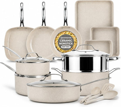Ceraluxe 20Pc Pots and Pans Set Non Stick Ceramic Cookware Set | Bakeware & Utensils Included, Non Toxic PFOA/PTFE/PFOS Free Coating, Cool Touch Handles, Oven & Dishwasher Safe, Black1