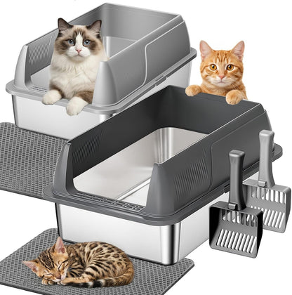 Gimars 2 Pack XL Stainless Steel Cat Litter Box for Big & Senior Cats, Multi-Cat Metal Litter Pan with High Sides, Odor-Resistant & Easy Clean, Includes Litter Scoop, Litter Mat & Anti-Slip Pads8