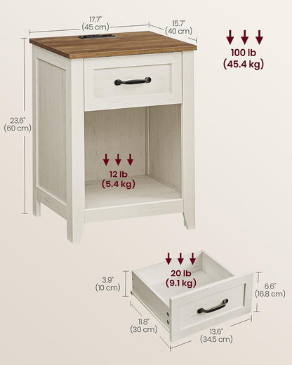 VASAGLE Farmhouse Nightstands with Charging Station, 1 Drawer, Set of 2 | Bedside Table, Side Table with Open Compartment, for Bedroom, Rustic White and Honey Brown, LIRY Collection ULET859K412