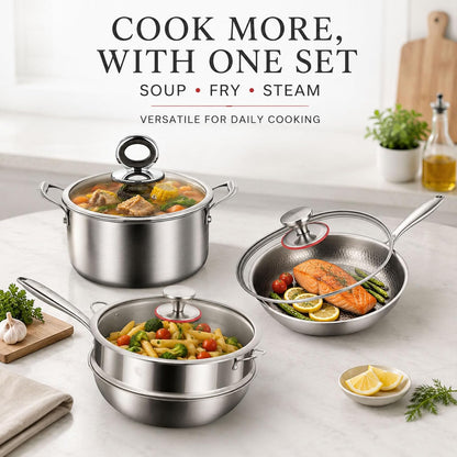 Titanium Pans Set for Cooking, Titanium Frying Pan & Titanium Soup Pot and Titanium Wok with Steamer, Non-Toxic Titanium Hammered Pro Skillet, PFAS/PFOA/PTFE Free Cookware, Dishwasher&Oven Safe6