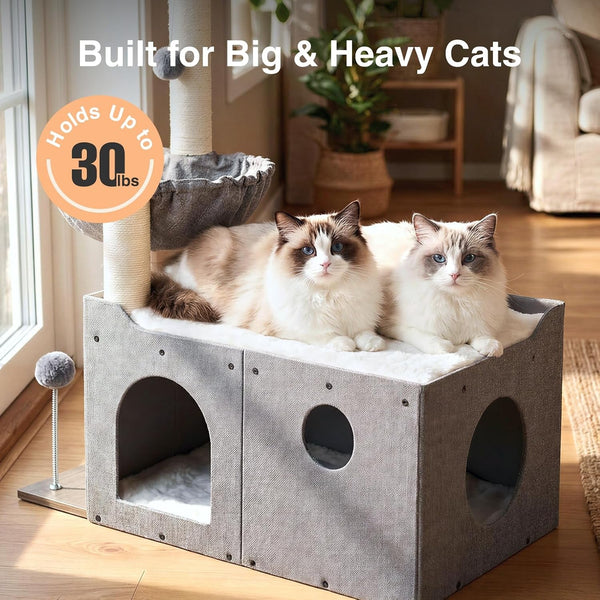 Veehoo Extra Large Cat House Bed for Indoor Cats, 29X16X31.9 Sturdy Condo | Cat Hideaway with Scratching Post, Foldable Cube with Hammock, Cave with 2 Plush Interactive Balls for Multiple Cats, Gray2