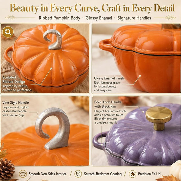 Pumpkin Dutch Oven Pot with Lid, Enameled Cast Iron Pumpkin Cookware, Even Heating Pumpkins Pot for Soup Stew Bread Baking, Dual Handles, Fall Decor，Orange A(1.5 Qt)5