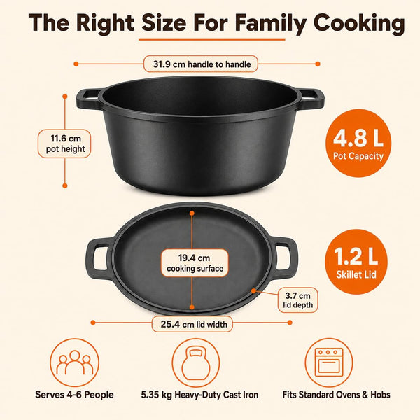Cast Iron Dutch Oven Pot (4.8L) with Lid (1.2L) & Cleaning Scrubber, Heavy-Duty Dish for Casserole and Sourdough Bread. Pre-Seasoned Cast Iron Pot with Skillet Lid for Roasting to Frying, Oven Safe2