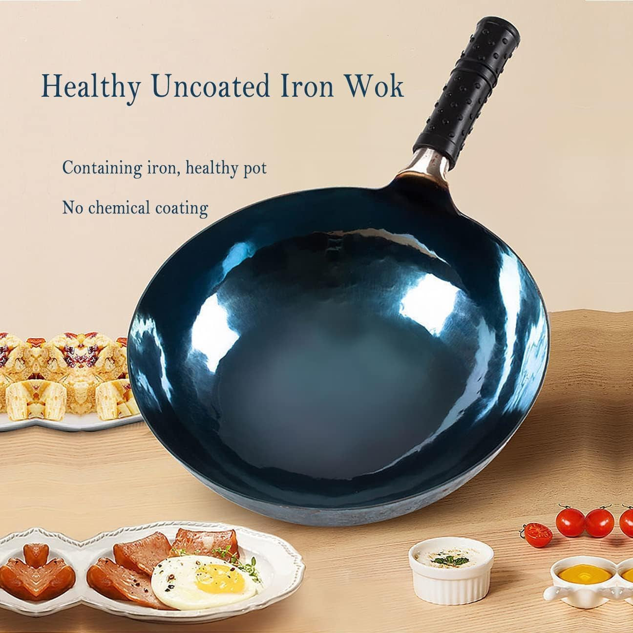 14-inch-carbon-steel-wok-round-bottom-traditional-chinese-wok-with-rubber-handle-and-wooden-lid-uncoated-non-stick-wok-for-gas-stoves-home-cooking-camping-and-as-a-gift