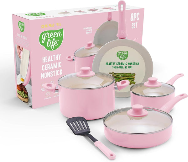 8 Piece Nonstick Cookware Set, Non-Toxic Pfas-Free Ceramic Pots & Pans, Dishwasher & Oven Safe, Frying, Sauce, Stock Pot, Glass Lids, Stay-Cool Handles, Wobble Free, Light Pink1
