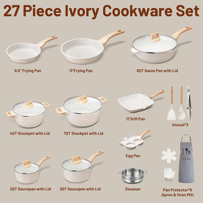 27PCS Nonstick Ceramic Pots and Pans Cookware Set with Gloves, Apron, Silicone Tools,Ivory2