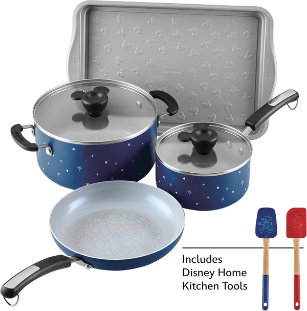 Disney Bon Voyage Ceramic Nonstick Pots and Pans Set with Baking Sheet/Cookie Pan and Disney Home Kitchen Tools, 8 Piece Non Stick Cookware Set - Blue2