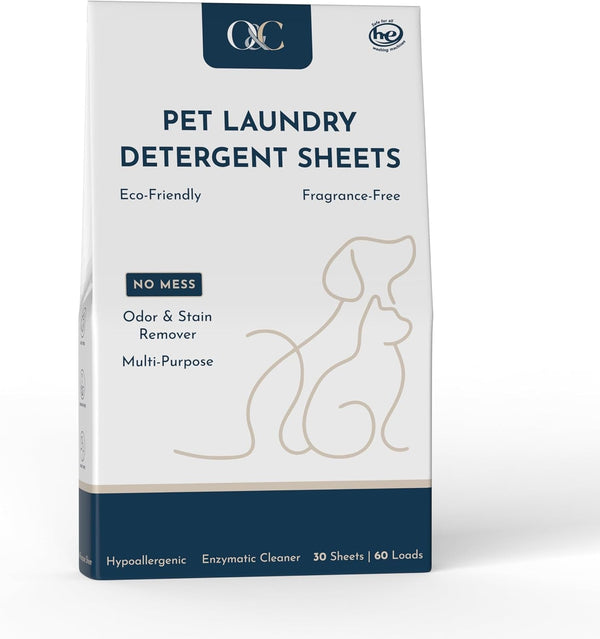 O&C Pet Laundry Detergent Sheets – Enzyme-Powered Odor & Stain Remover for Dogs & Cats | Eliminates Pet Urine, Dander & Body Oils | Mess-Free, HE Compatible | 60 Loads1