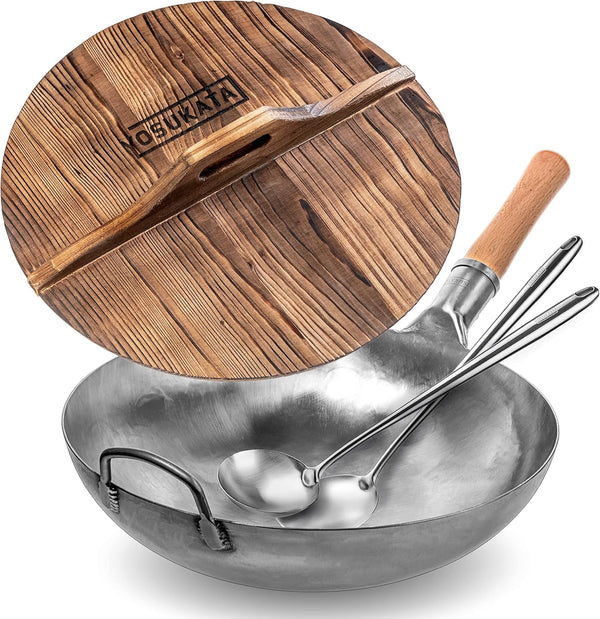 Silver round Bottom Wok 14 in + 17’’ Spatula and Ladle + Premium Wok Cover 14 Inch Pan Lid1