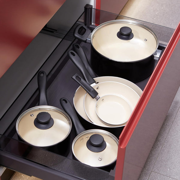11-Piece Ceramic Non-Stick Pots and Pans Set, Dishwasher & Oven Safe, Easy Clean, Glass Lids, Black/Cream9