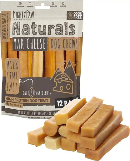 Mighty Paw Yak Chews, Long Lasting Hard Chew for Large Dogs, 4 Pack | Milk, Salt & Lime Juice, Grain-Free, Lactose-Free, Odor-Free, 68G Protein per Stick, Aggressive Chewers, Puppy Teething12