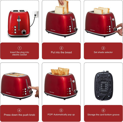 2 Slice Toaster Retro Stainless Steel with Bagel, Cancel, and Defrost Functions, 6 Bread Shade Settings, Extra Wide Slots and Removable Crumb Tray, Red7