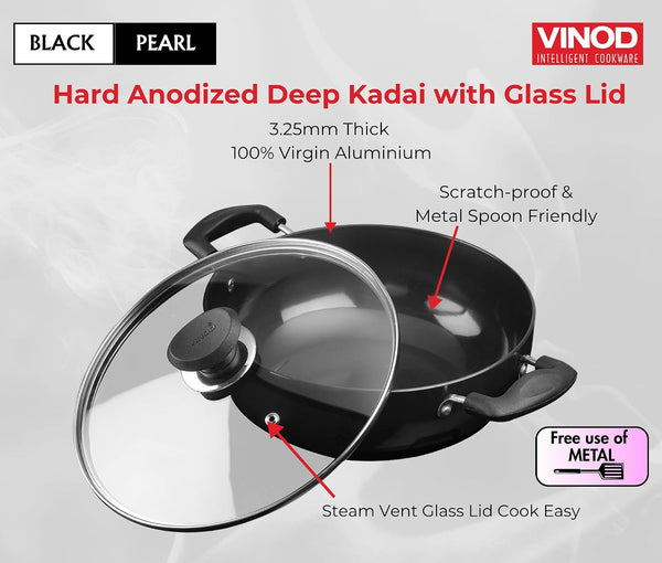 Cookware Professional Deep Kadhai – 2.1 Liters(2.2 Quarts) – 20Cm–Glass Lid Included – Multi-Use Hard Anodized Wok/Pot –Suitable for Indian Cooking, Sauces, Pasta, Stews, Soups – Riveted Handles5