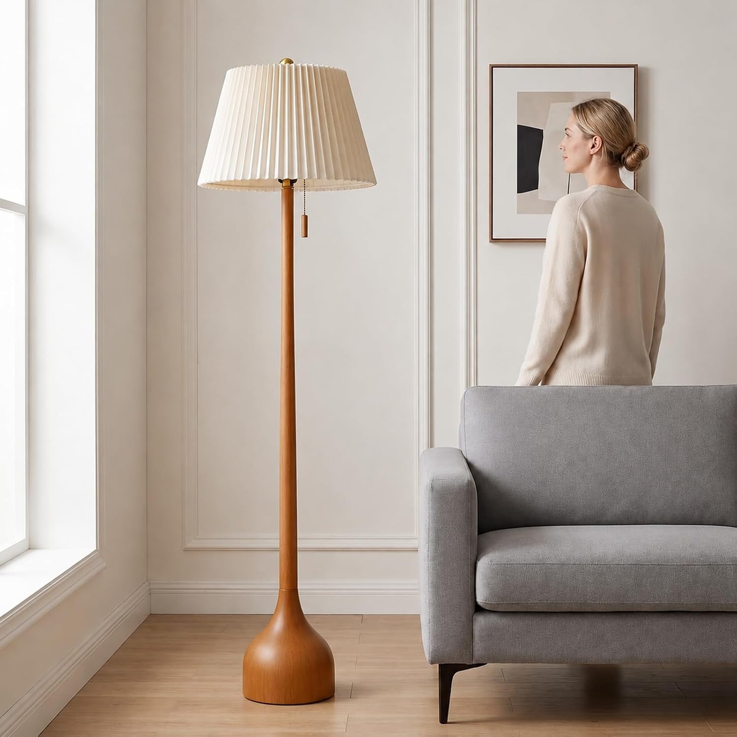 mid-century-modern-real-wood-floor-lamp-with-2-shades-for-two-looks-65-tall-sculptural-teardrop-base-wooden-pull-chain-vintage-standing-lamp-linen-shades-living-room-bedroom-bulb-included