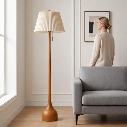 Mid Century Modern Real Wood Floor Lamp with 2 Shades for Two Looks | 65" Tall,Sculptural Teardrop Base,Wooden Pull Chain,Vintage Standing Lamp,Linen Shades,Living Room,Bedroom, Bulb Included5