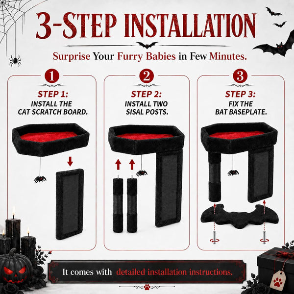 Gothic Cat Tree Tower with Coffin Bed for Indoor Cats, Black | Halloween Scratching Post｜ Spooky Sisal Scratcher｜Goth Cat Trees｜Interactive Spider Toys｜Activity Kitty Play Center9