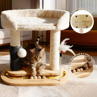 Small Wooden Cat Tree for Kittens and Small Cats, 6-In-1 Cat Tower for Indoor Cats with Bed, Sisal Scratching Post, Self-Grooming Brush, Ball Track, Plush Ball and Feather Toy, 16.5" H6