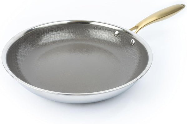 Geoclad Ceramic Hybrid Non-Stick 10" Fry Pan – Stainless Steel Sear Surface, Geometric Pattern, Tri-Ply Clad Body, Pfoa-Free, Coffee Gray/Gold5