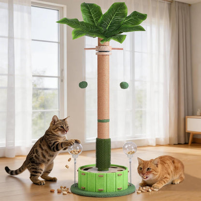 Plam Tree Cat Scratching Post 40" Tall with Cat Toys for Indoor Large Cats | Sturdy Base Cat Scratcher Posts for Adult Cats with Rotating Hanging Ball, Cat Puzzle Toy and Spring Cat Treat Dispenser1