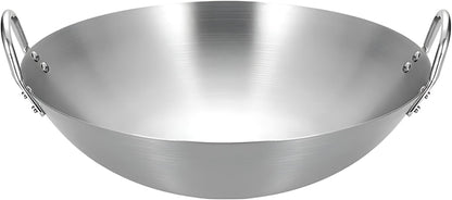 Stainless Steel Wok round Bottom Frying Pan Double Handle Heated Evenly Portable Cookware Traditional Tableware Cooking Pot Wok for Kitchen Outdoor,38Cm1