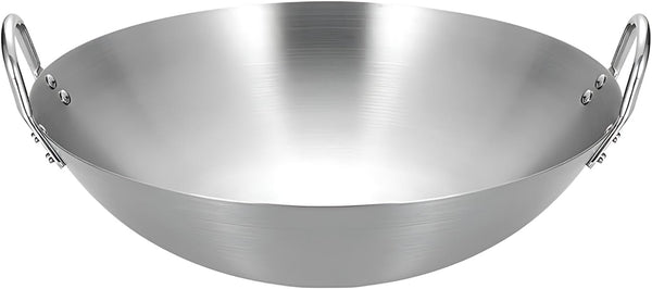 Stainless Steel Wok round Bottom Frying Pan Double Handle Heated Evenly Portable Cookware Traditional Tableware Cooking Pot Wok for Kitchen Outdoor,38Cm1