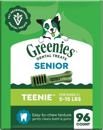 Greenies Senior Teenie Size Adult Natural Dental Dog Treats, 96 Count | Veterinarian-Recommended, Cleans Teeth, Freshens Breath, Supports Joint Health, Dogs 7+ (5-15 Lbs), 27 Oz. Pack1