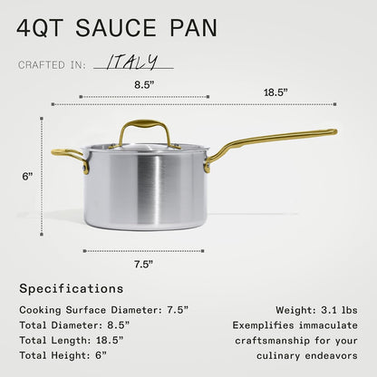 Made in Cookware - 7-Piece Ceramiclad Non Stick Pot and Pan Set (Antique Brass Handle) - 5-Ply Stainless Clad - Professional Cookware - Crafted in Italy - Induction Compatible5