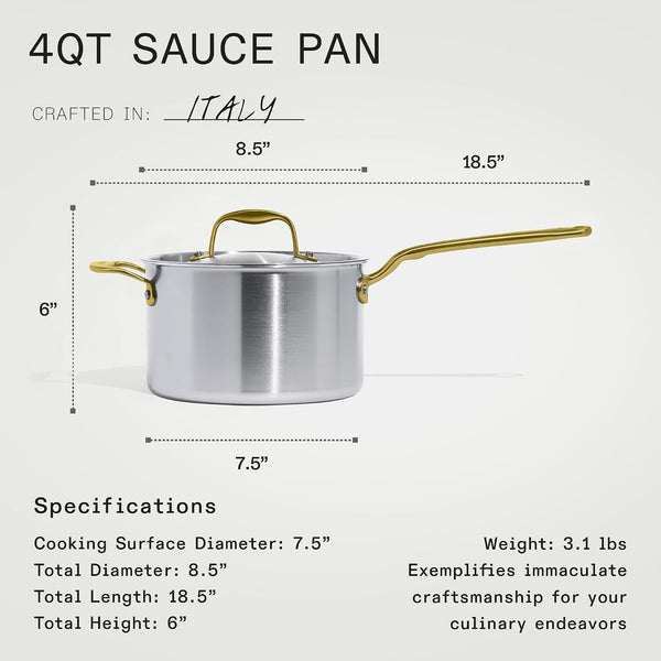 Made in Cookware - 7-Piece Ceramiclad Non Stick Pot and Pan Set (Antique Brass Handle) - 5-Ply Stainless Clad - Professional Cookware - Crafted in Italy - Induction Compatible5