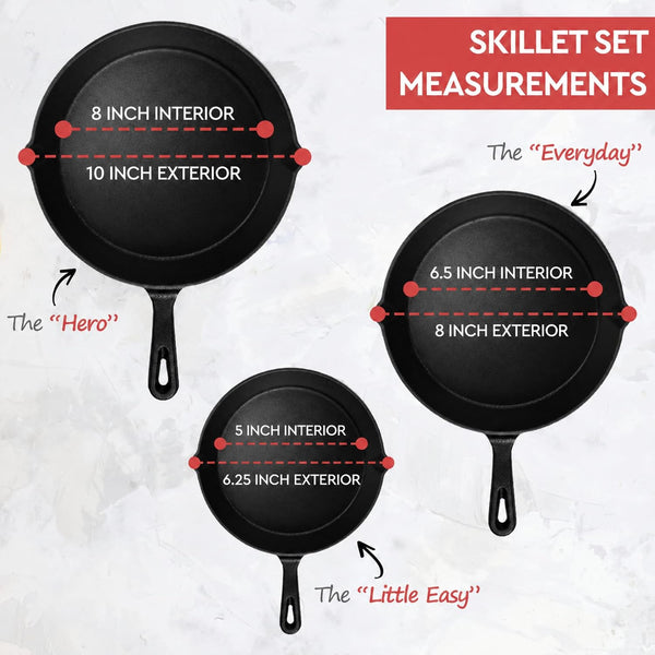Cast Iron Skillet 3-Piece Set W/Cookbook - Heavy-Duty Professional Restaurant Chef Quality Pre-Seasoned Pan Cookware - 10", 8", 6.25" Pans - for Frying, Saute, Cooking, Pizza - Black3