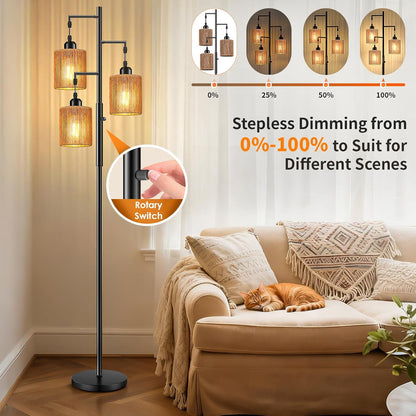 72" Boho Rattan Tree Floor Lamp, Tall Dimmable Industrial Standing Lamp, Corner Decor Accent Lighting for Living Room, Bedroom, Dining Room, Nursery, Cafe (3 X 800LM Bulbs Included) - Black4